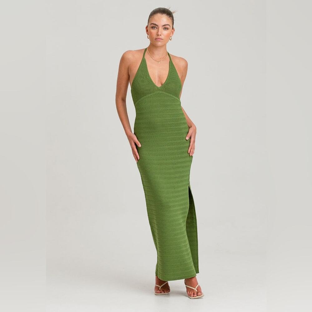 NWT Finders Keepers Iggy Crochet Knit Halter Midi Dress With Slit Green Size 6